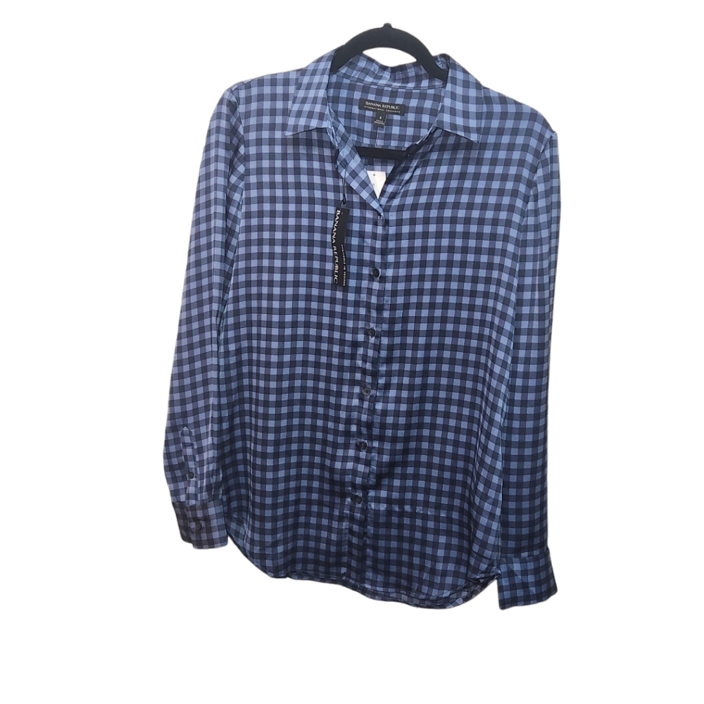 Banana Republic Women's Navy Buttondown Gingham Top Shirt Size Small